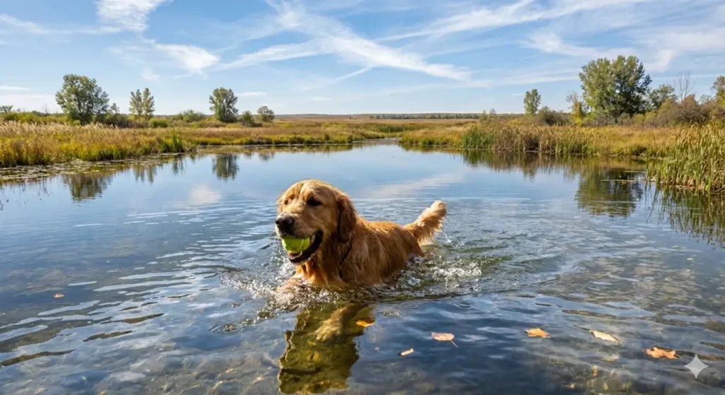 Ein Hund badet in einem See nahe Halberstadt