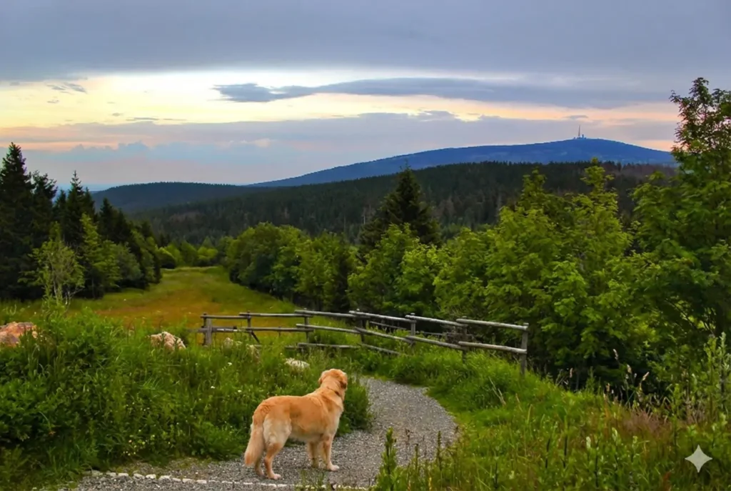 Ein Hund blickt auf den Brocken im Harz